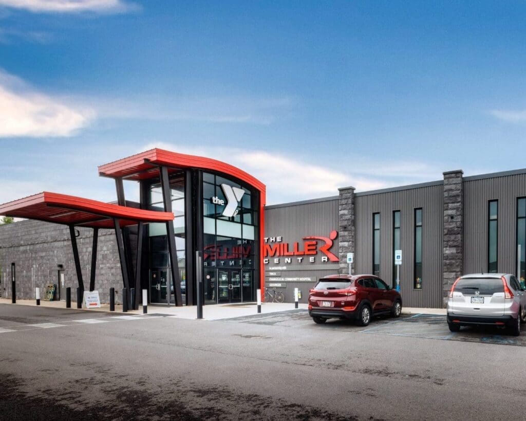 A photo of the Milton YMCA which is dark grey building